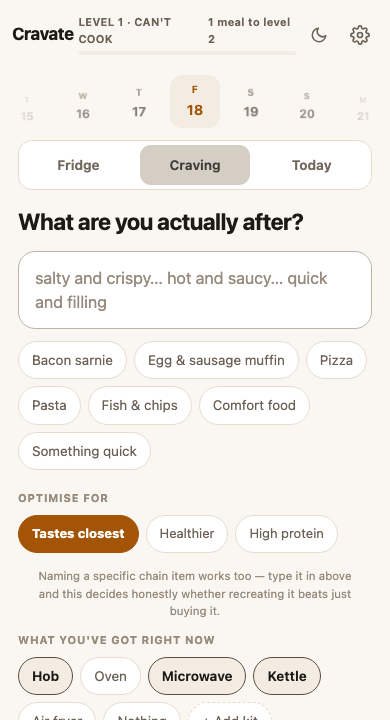 Cravate app: craving input, cooking equipment and shopping preferences
