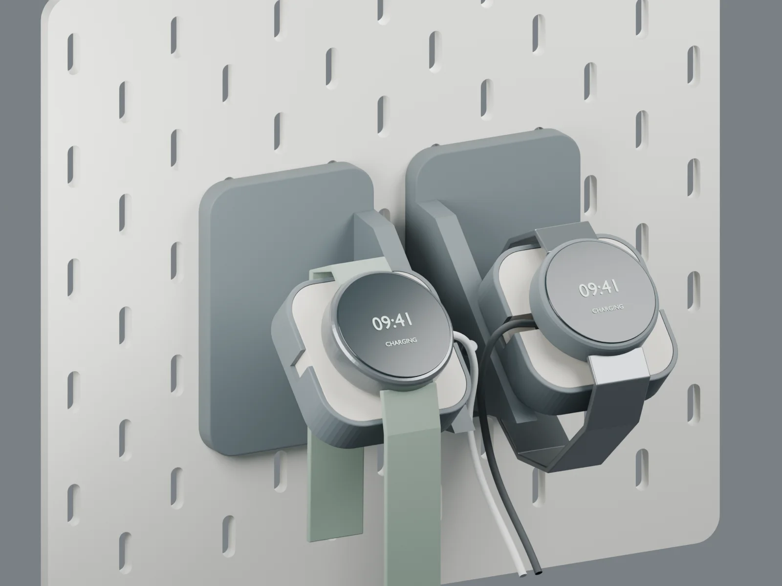 CAD visualisation of two matching watch docks with upward-facing watches and side-entry holders